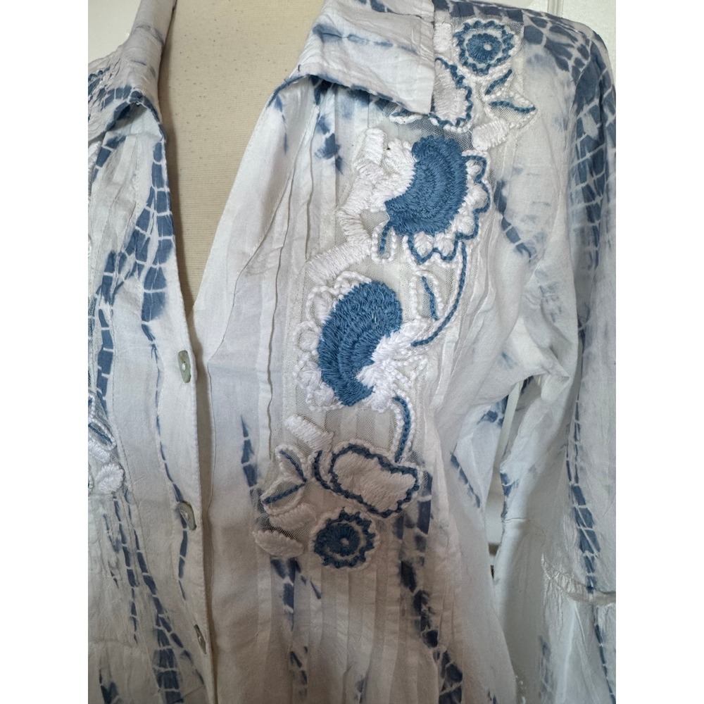 Parsley & Sage Womens Boho Tie Dye Embroidered Button Front Blouse White Blue M - Picture 5 of 12